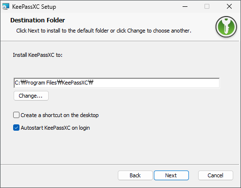 KeePassXC安装路径选择和自动启动选项设置屏幕